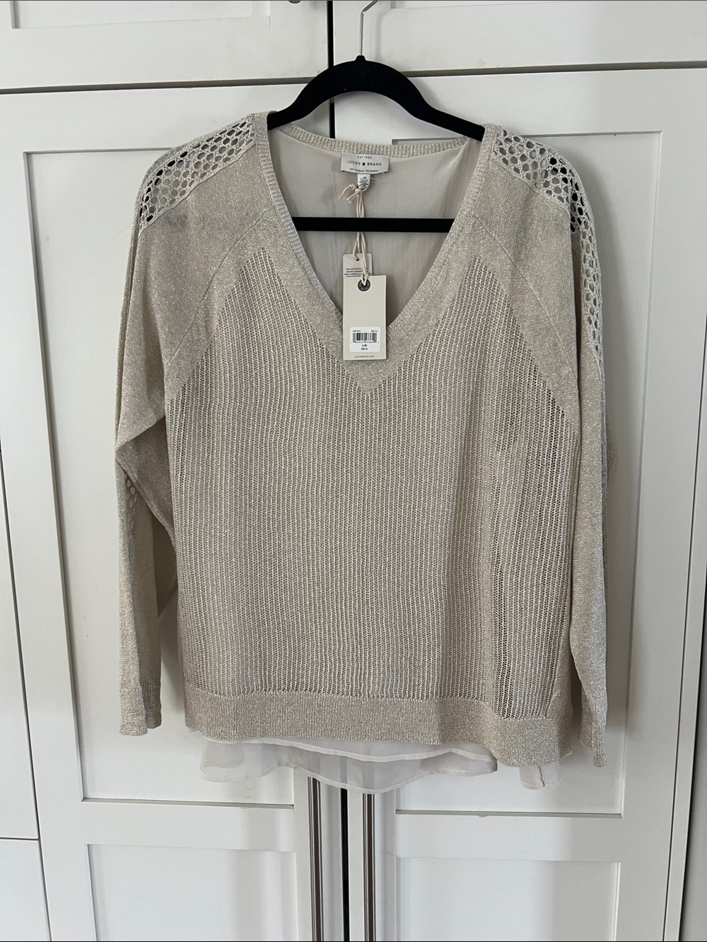 Lucky Brand Light Beige V-Neck Sweater with Lace Shoulder Panels